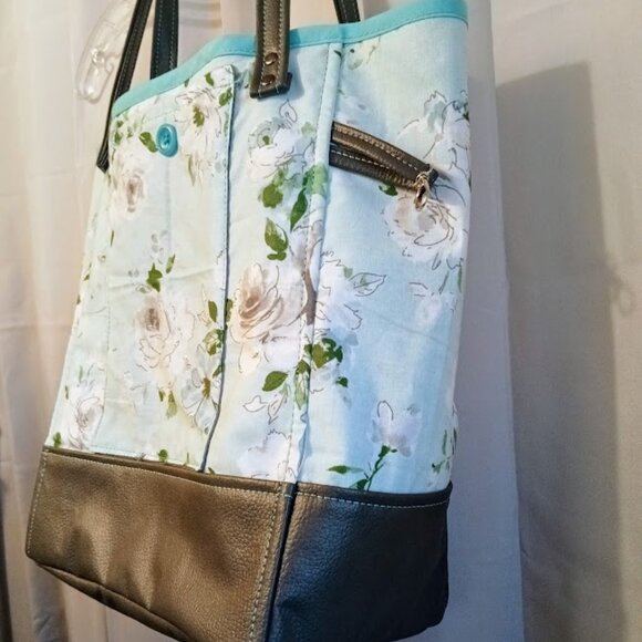 New Boho Roses Floral Tote Shopper shoulder Bag Blue Gray Double handle Carryall - Picture 7 of 12